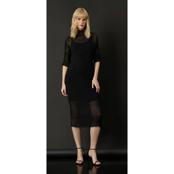 Luxely Plissé Funnel Neck Pleated Midi Dress Black Womens Size Medium New - Picture 4 of 14